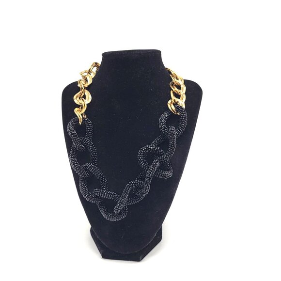 Talbots Gold Tone Chain Statement Necklace with Black Seed Beed Chunky Links - Picture 2 of 6